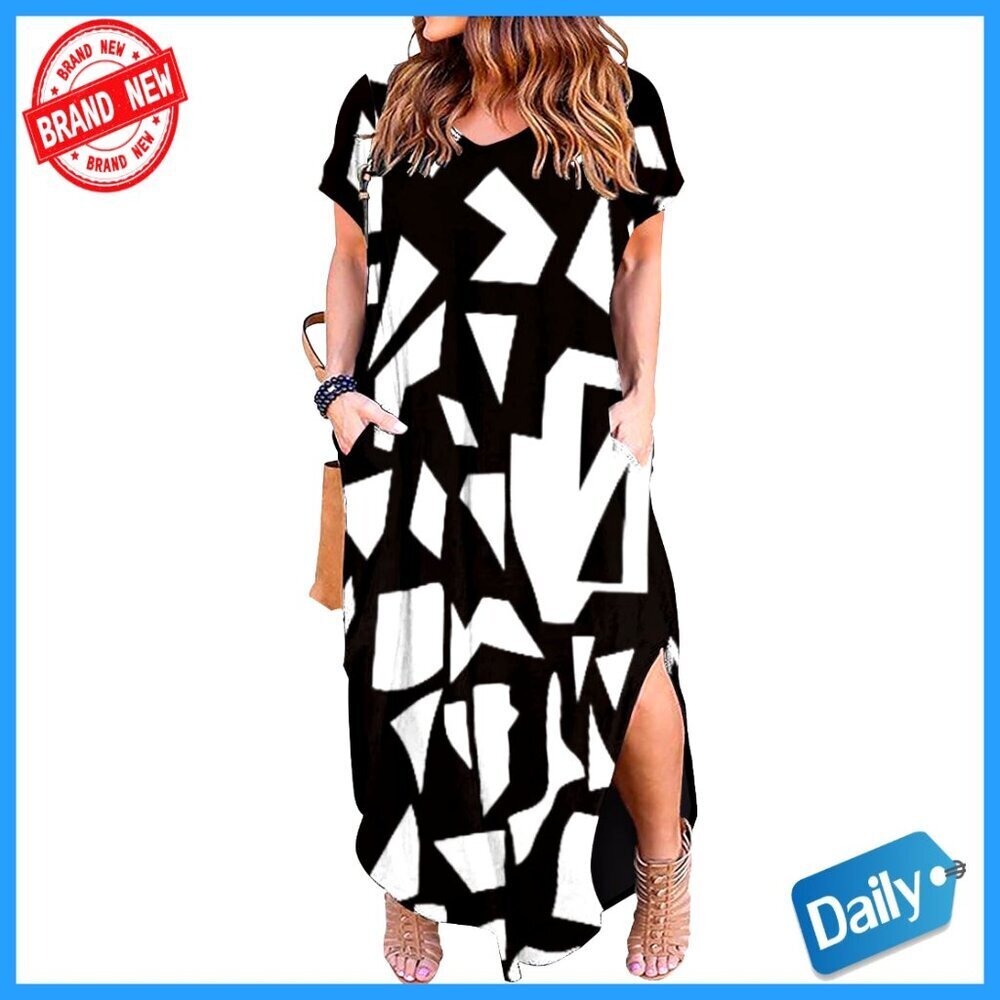 Plus Size Maxi Dress Loose Fit V Neck Side Slits Pockets Summer Casual